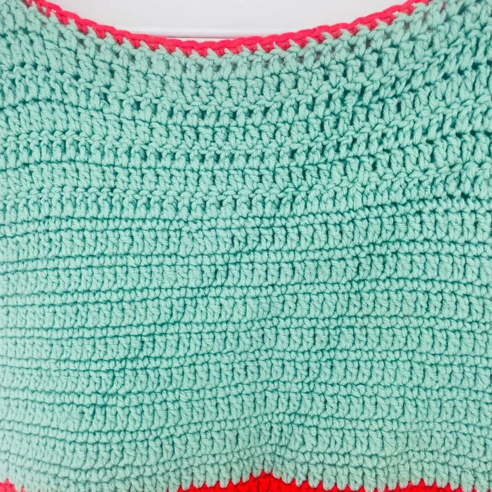 Handmade‎ Crochet Crop Top Mint Green Red Boho Festival Sleeveless Boat Neck